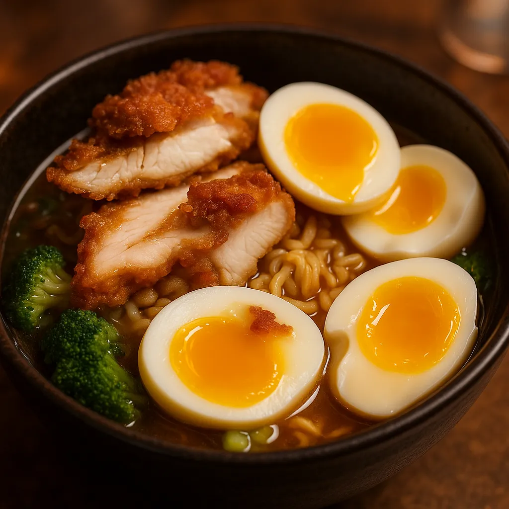 ai food photography of slices of crispy fried chicken, perfectly cooked soft-boiled eggs