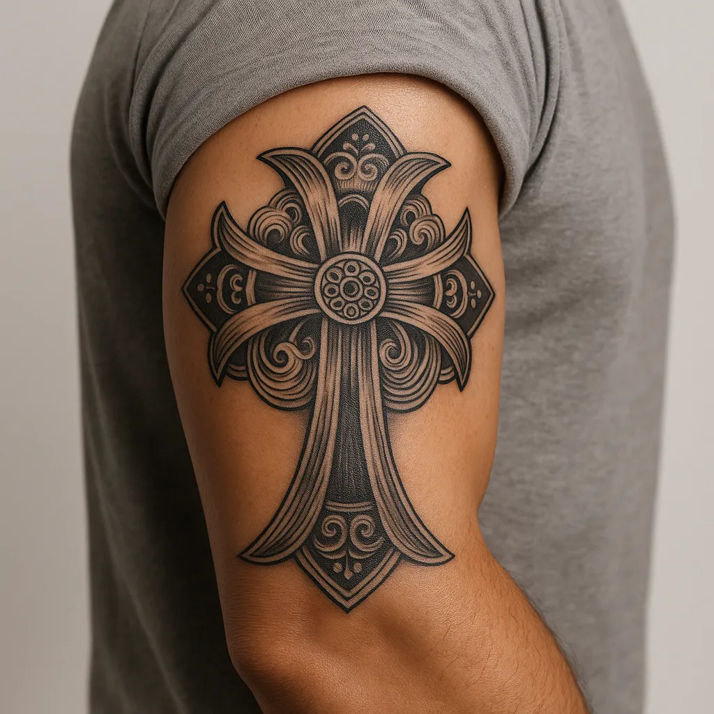 The intricate tattoo design featuring a cross and ornate patterns showcases the capabilities of the Xole AI tattoo generator.