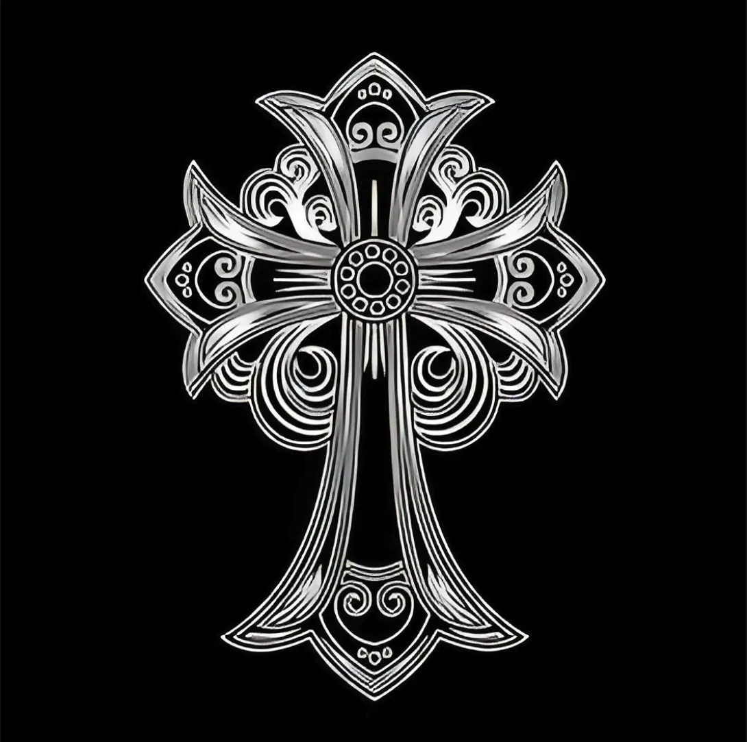 A highly intricate and ornate cross design, featuring elaborate patterns and swirls. 