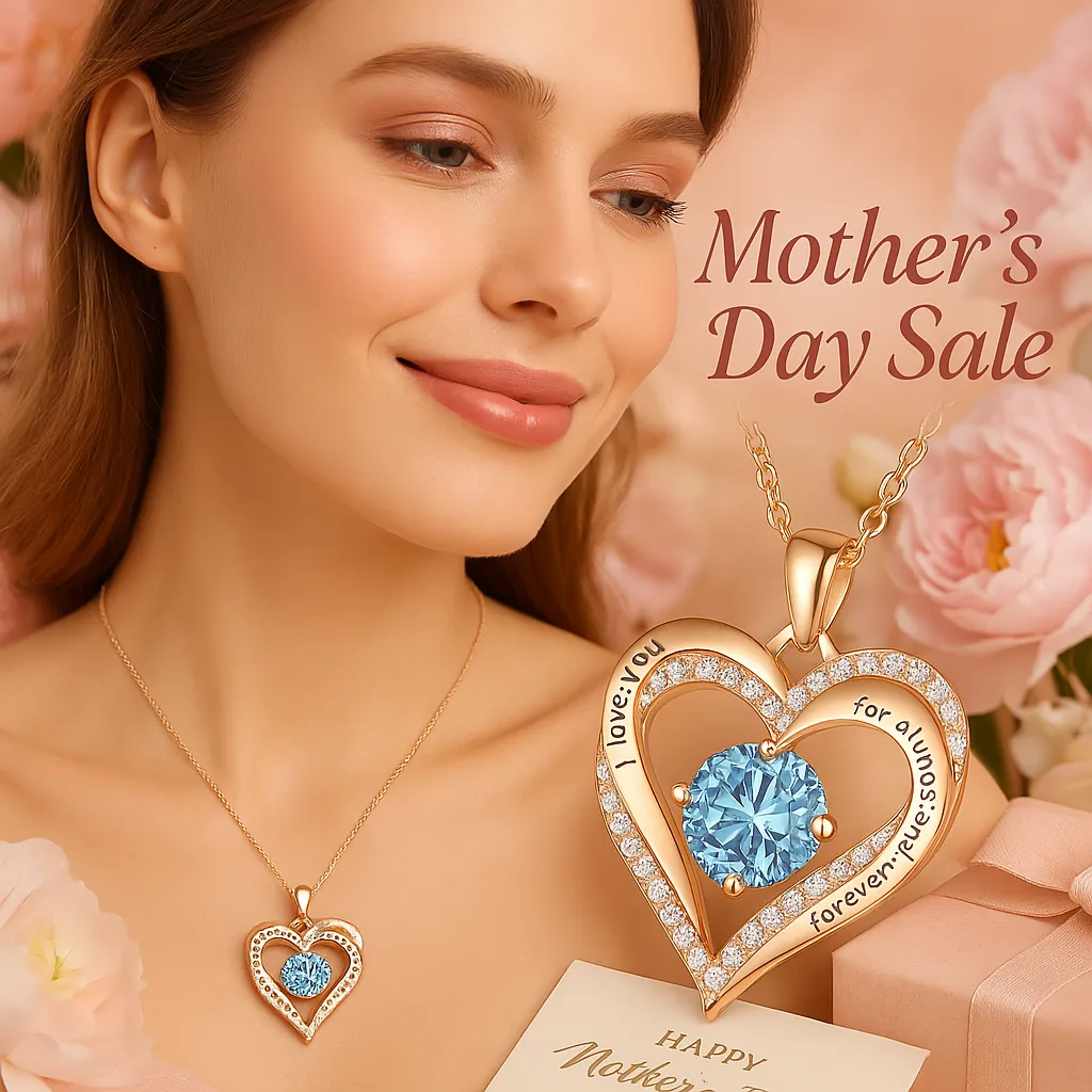 Mother's Day Sale promotion featuring a smiling woman wearing a gold heart-shaped pendant necklace with a central light blue gemstone, inscribed with 'I love you for always and forever', set against a soft pink rose background.