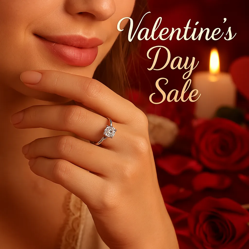 Valentine's Day Sale advertisement with a close-up of a woman's hand gracefully wearing a silver solitaire engagement ring, with a romantic background of red roses and a lit candle.