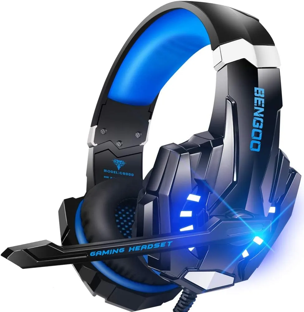 Product shot of the BENGOO G8000 gaming headset in black with vibrant blue accents and LED lighting, highlighting its microphone and 'GAMING HEADSET' branding