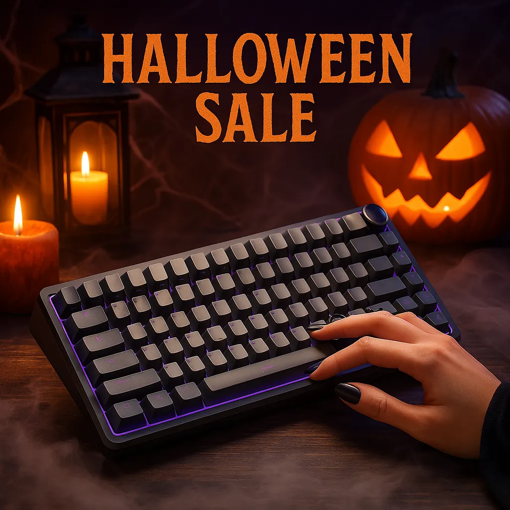 Halloween Sale promotion featuring a hand with black nail polish typing on a compact mechanical keyboard with purple backlighting, set against a spooky Halloween theme with a jack-o'-lantern and candles