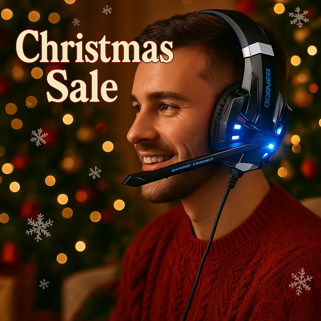 Christmas Sale advertisement showcasing a joyful man wearing a black and blue BENGOO gaming headset with blue LED lights, with a festive Christmas tree blurred in the background.