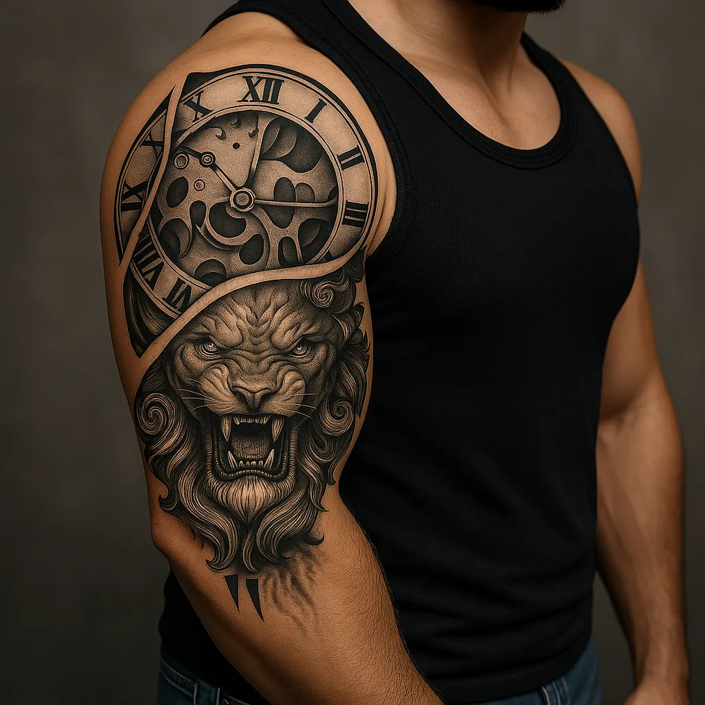 An intricate clock tattoo design, generated by Xole AI Tattoo Generator. 