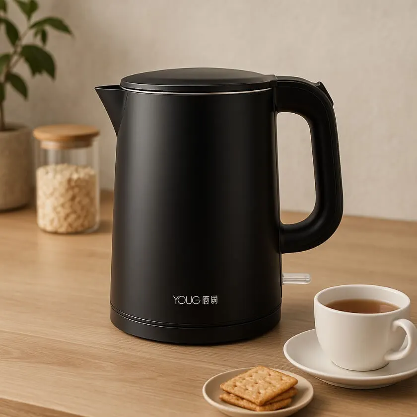A sleek black electric kettle, created with Xole AI product photography for a modern, minimalistic look.
