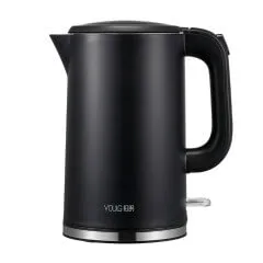 A close-up of a black electric kettle with precise detailing