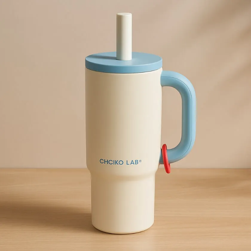 A stylish and unique blue and cream tumbler with a lid, created using Xole AI product photography for clear product appeal.