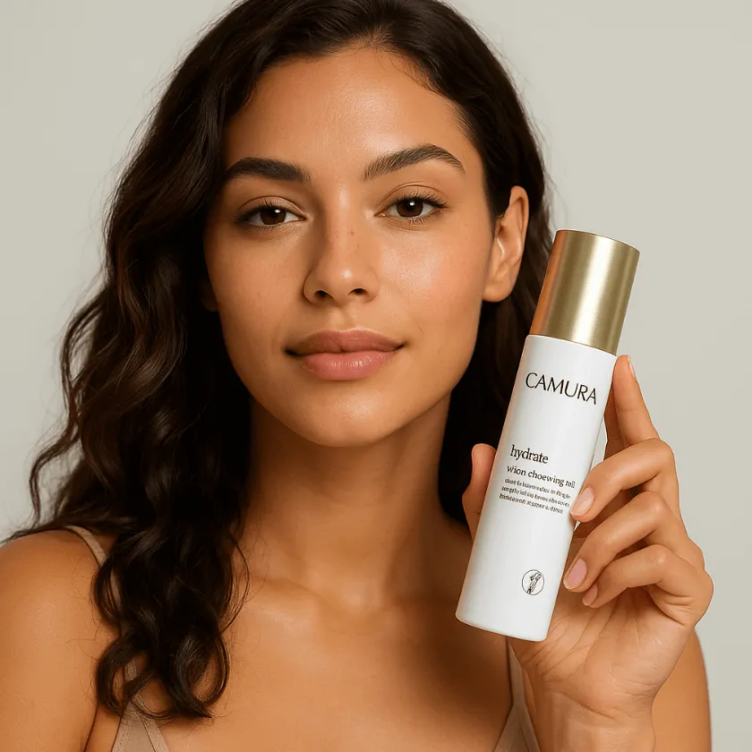 A woman with wavy hair, holding a skincare bottle labeled "CAMURA hydrate," presenting a natural and fresh look, styled as an AI beauty model.