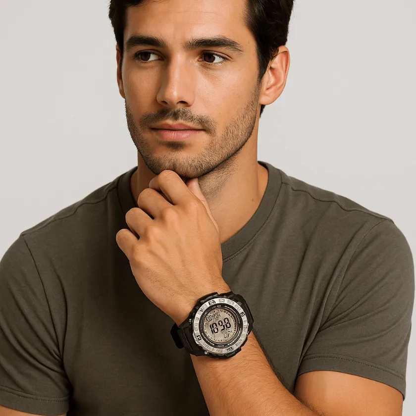A man in a gray t-shirt wearing a digital watch, styled as an AI fashion model in a minimalist look, generated by Xole AI Fashion Model Generator.