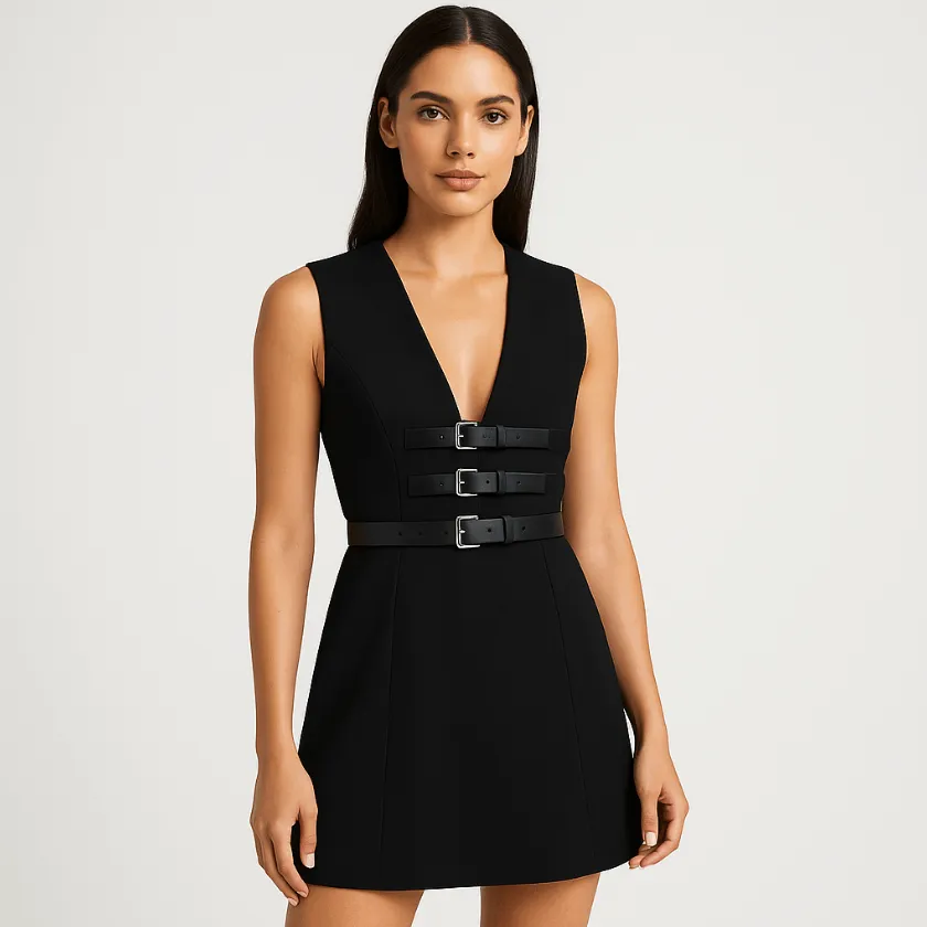 A woman wearing a black dress, posing confidently as an AI fashion model showcasing modern fashion trends, generated by Xole AI Fashion Model Generator.