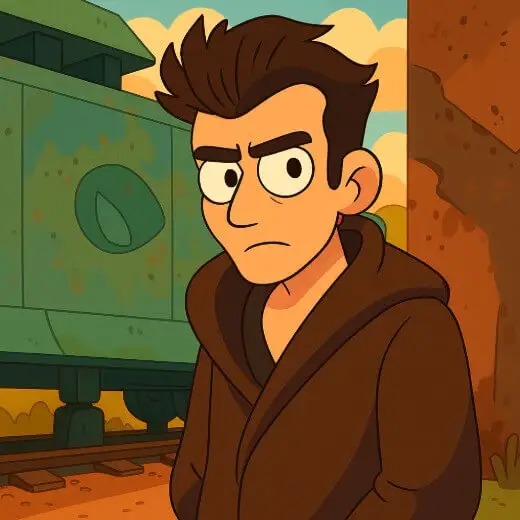 A photo to cartoon of a boy with dark brown hair, wearing a robe and giving an intense stare outdoors.