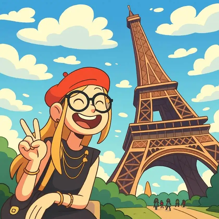 A cartoon-style image of a woman in a beret at the Eiffel Tower, generated by Xole AI Cartoon Generator.