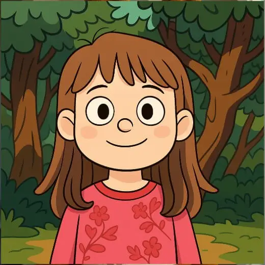 A photo to cartoon of a girl with brown hair, smiling and standing in a forested area.