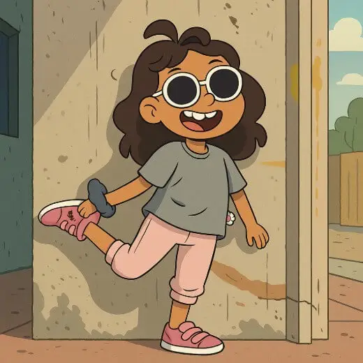 A photo to cartoon of a girl in pink sneakers and sunglasses, posing happily outdoors.