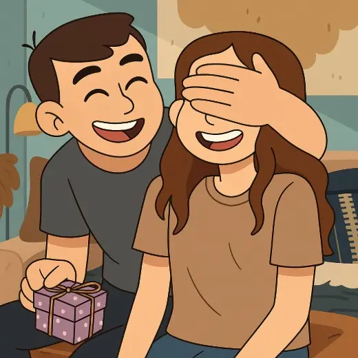 A photo to cartoon of a joyful couple, one covering the other's eyes, with a gift in hand.