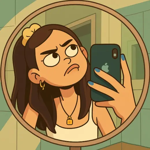 A photo to cartoon of a girl taking a selfie in a mirror, showing a thoughtful expression.