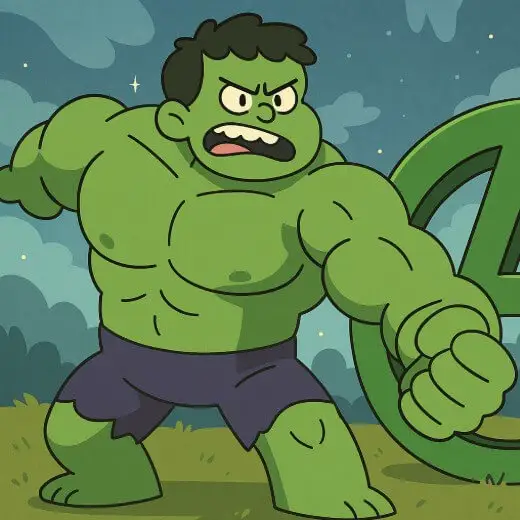 A photo to cartoon of a green, muscular Hulk figure in an action pose with a fierce expression.