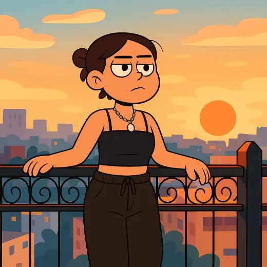 A photo to cartoon of a girl wearing a black outfit, looking thoughtful while standing in front of a sunset.