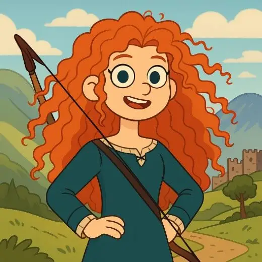 A photo to cartoon of a girl with curly red hair, holding a bow and standing in a scenic landscape.