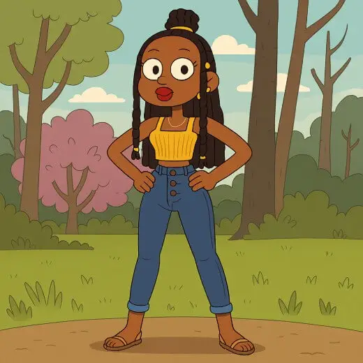 A photo to cartoon of a confident girl in a yellow top and blue jeans, standing in a forest.