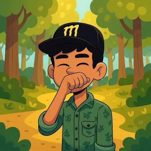 A photo to cartoon of a young man in a cap, laughing with his hand over his mouth in the woods.