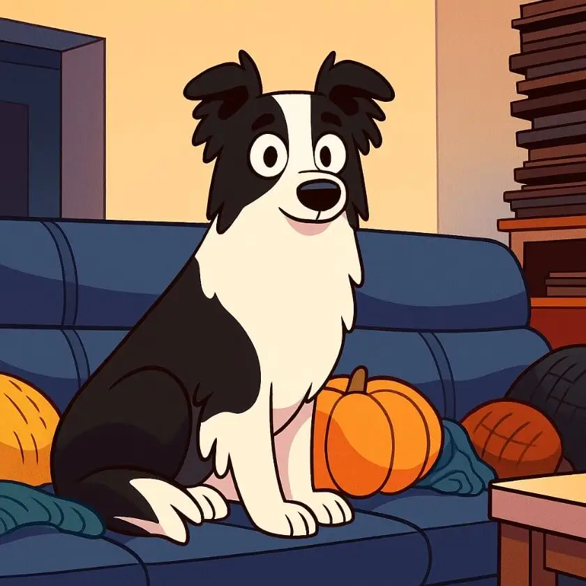 A cartoon-style image of a black and white Border Collie sitting on a couch with yarn balls, generated by Xole AI Cartoon Generator.