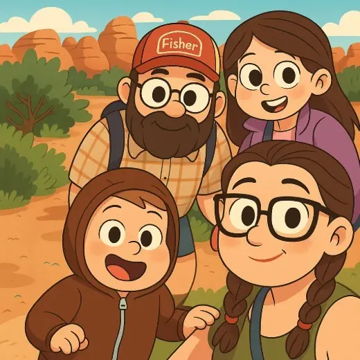 A photo to cartoon of a family of four posing together in a scenic desert background, smiling and happy.