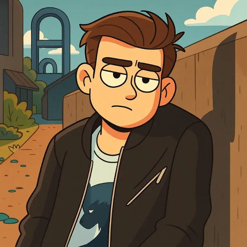A cartoon profile picture of a young man in a jacket, seated in an urban setting, generated by Xole AI Cartoon Generator.