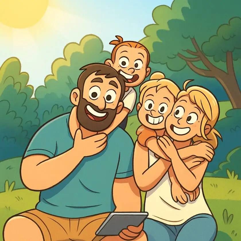 A cartoon-style image of a happy family posing together in a park, generated by Xole AI Cartoon Generator.