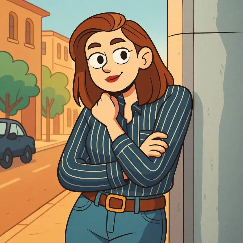 A cartoon portraits of a woman in a striped shirt, posing against an urban backdrop, generated by Xole AI Cartoon Generator.