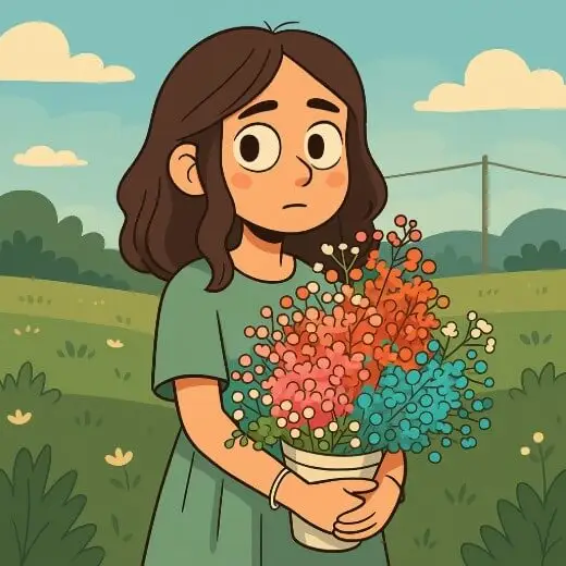 A photo to cartoon of a girl holding a colorful bouquet of flowers, standing in a green field.