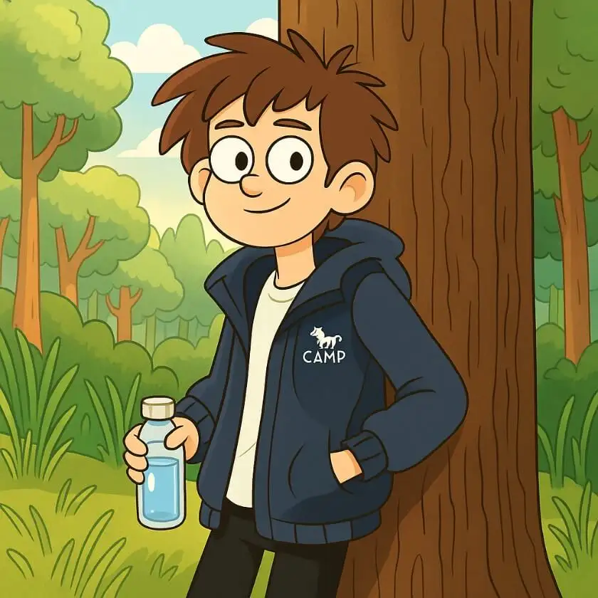 A cartoon-style image of a boy holding a water bottle, set in a forest, generated by Xole AI Cartoon Generator.