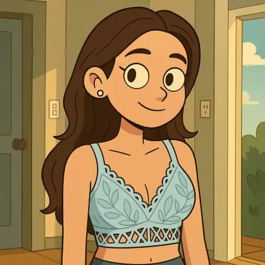 A photo to cartoon of a young woman in a blue bralette, smiling inside a room with a window.