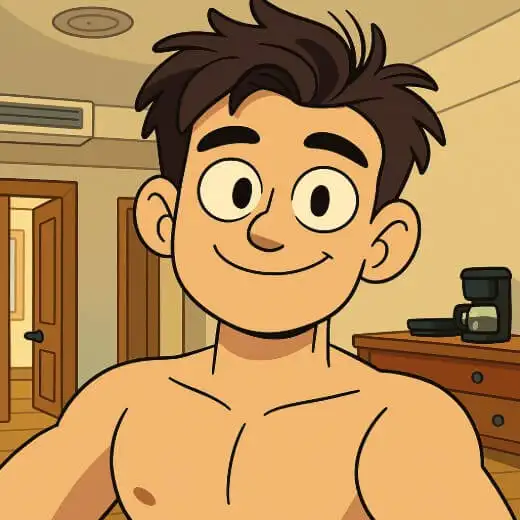A photo to cartoon of a young man with a playful expression, shirtless in a casual setting.