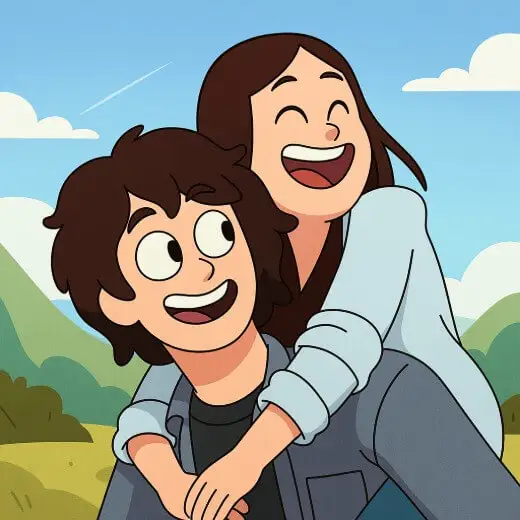 A photo to cartoon of a happy couple, smiling and embracing in an outdoor setting.