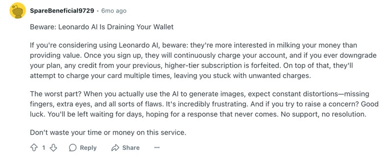 Leonardo AI User Review on Reddit