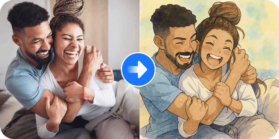 Couple embracing, transformed into an anime style image, showcasing a warm and affectionate moment with artistic flair.