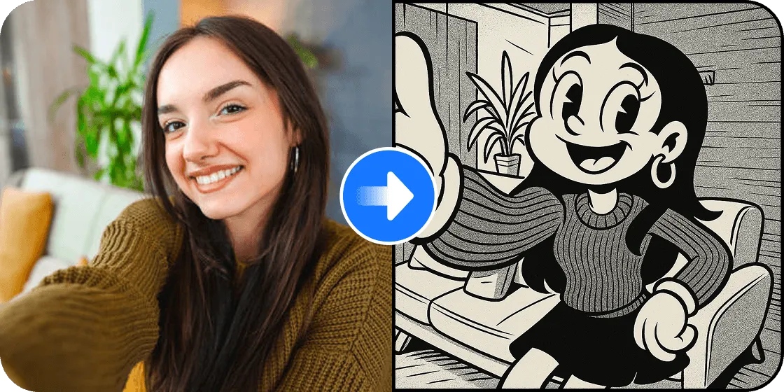 Woman indoors, transformed into a classic Disney style cartoon with a charming, vintage look.