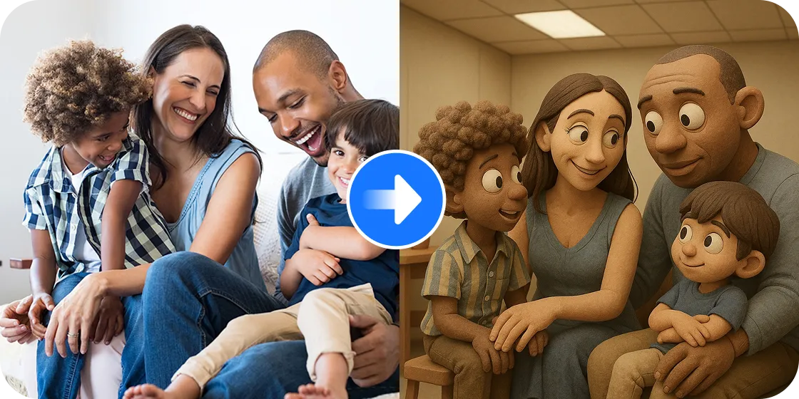 Family sitting together, transformed into a charming, doll-like image