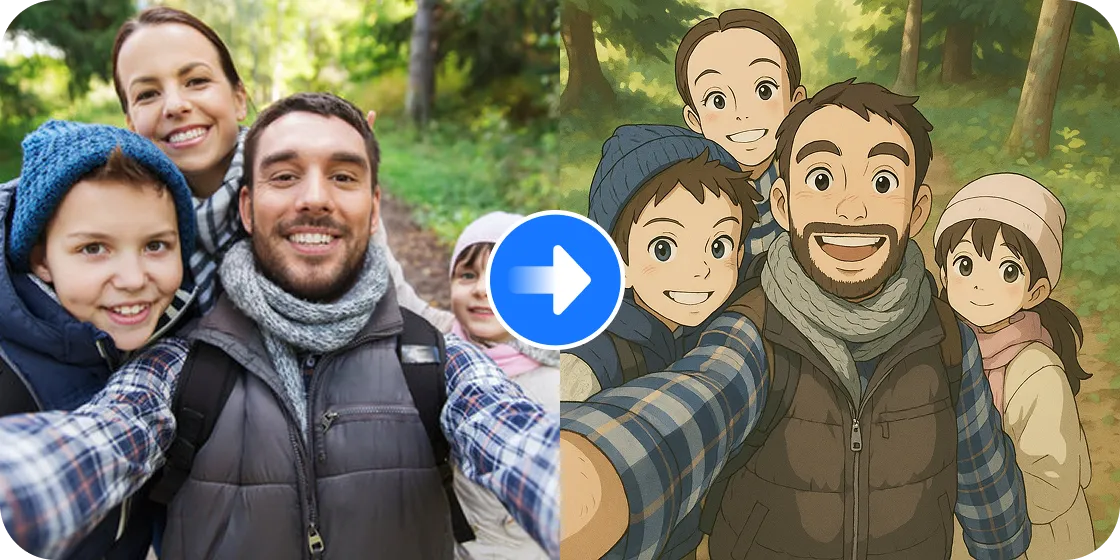 Outdoor group photo transformed into Ghibli style image with lush greenery background