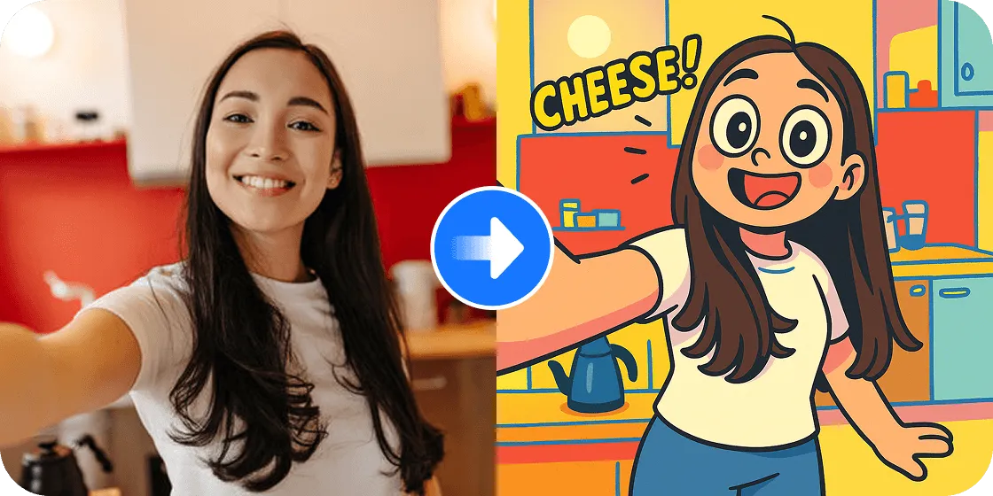 A person taking a selfie, transformed into a vibrant, hand drawn image with the word 'CHEESE!' in the background.