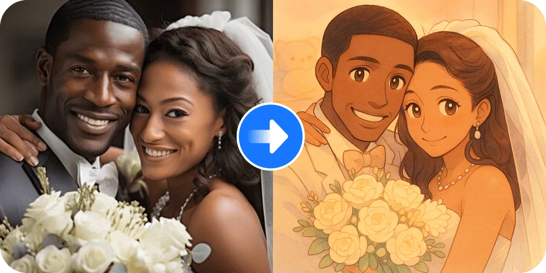 Black Wedding couple holding a bouquet of white roses, transformed into a cute, kawaii style image.