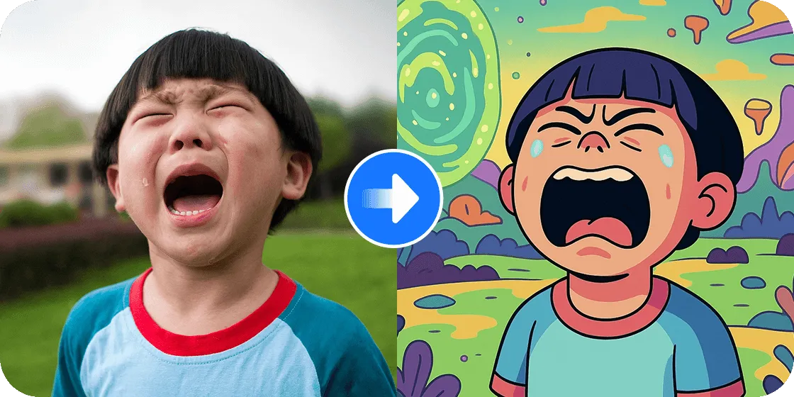 Child standing outdoors, transformed into a colorful, Rick and Morty style image.