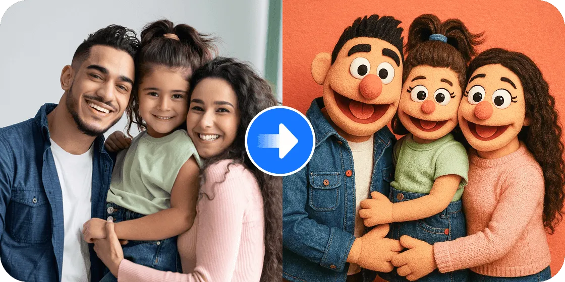 Family portrait with parents and child, transformed into a playful Sesame Street-style image.