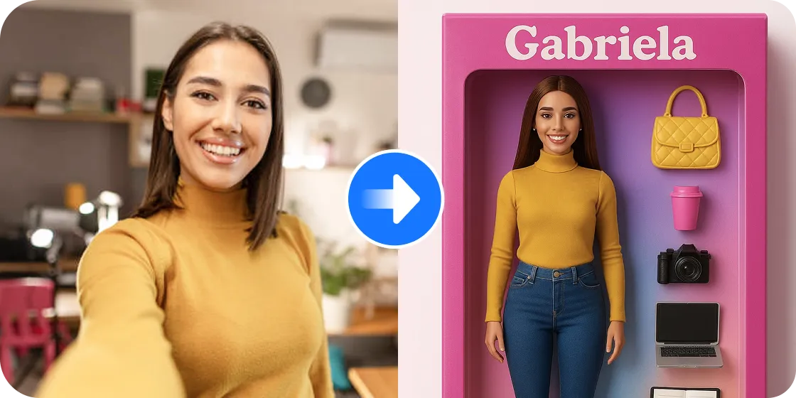 A Barbie doll named Gabriela, with a smiling young woman with long brown hair wearing a yellow top and jeans, displayed in a pink Barbie-themed package with various accessories.