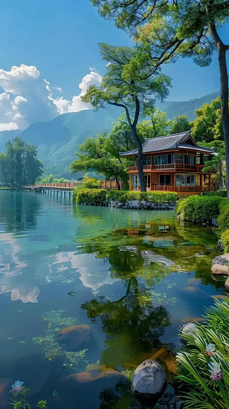 A tranquil landscape with a traditional pagoda-style building by a pond.