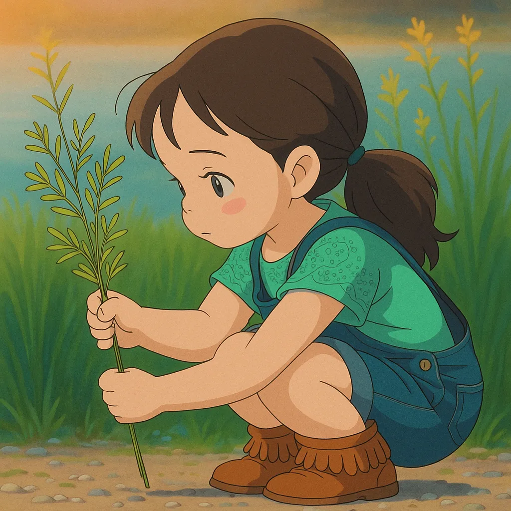A young girl exploring a tranquil, Xole AI Ghibil Creator-generated Ghibli-inspired landscape with lush greenery and a serene atmosphere.