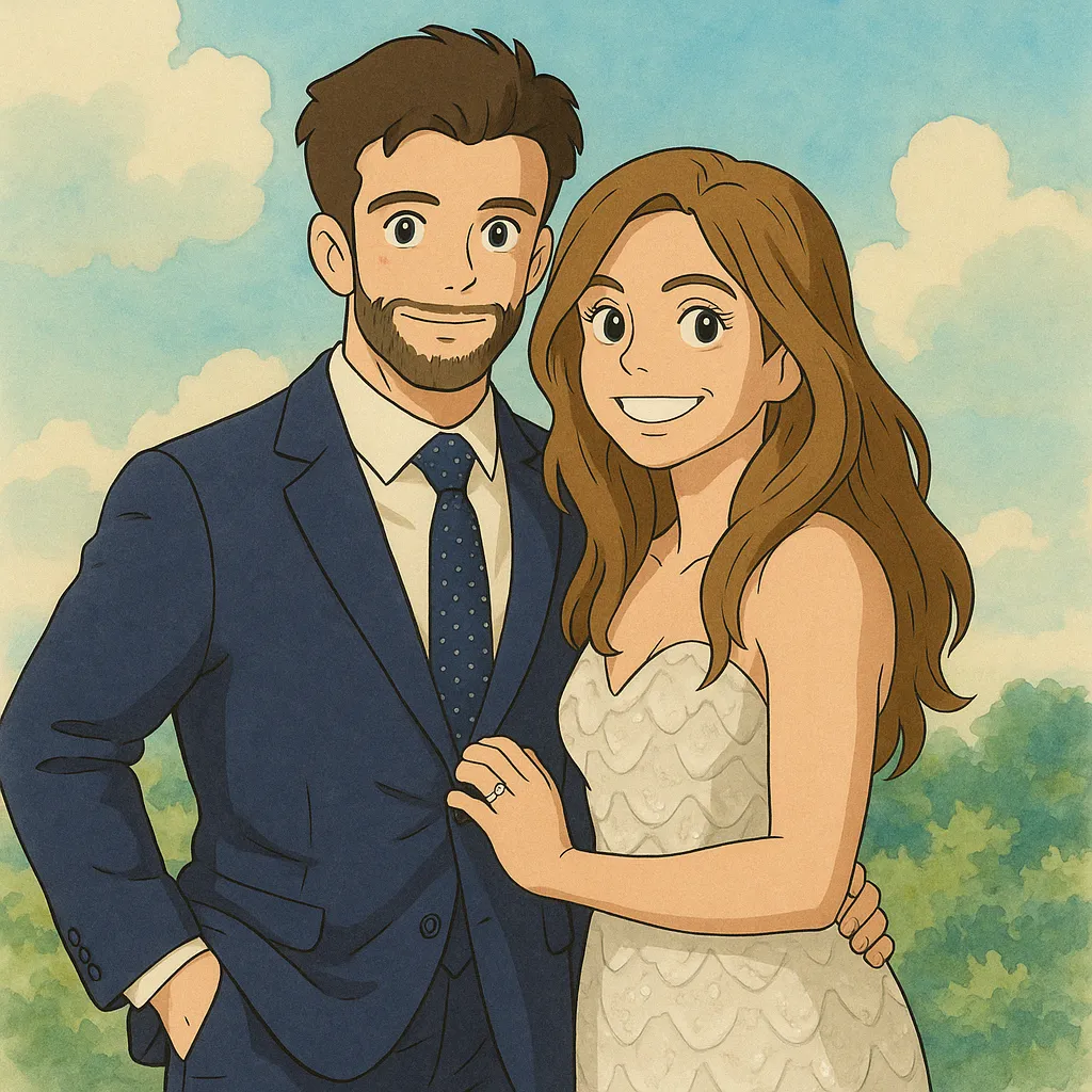A wedding couple photo in Ghibli style generated by Xole AI Ghibli Creator, with the man in a suit and the woman in a white dress, standing in a lush, green outdoor setting.