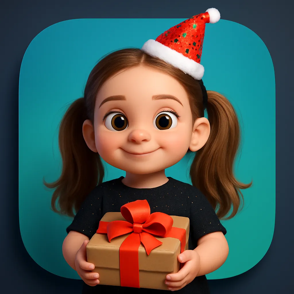 A smiling girl in Pixar character generated by Xole AI Pixar Generator, wearing a Santa hat and holding a wrapped gift.